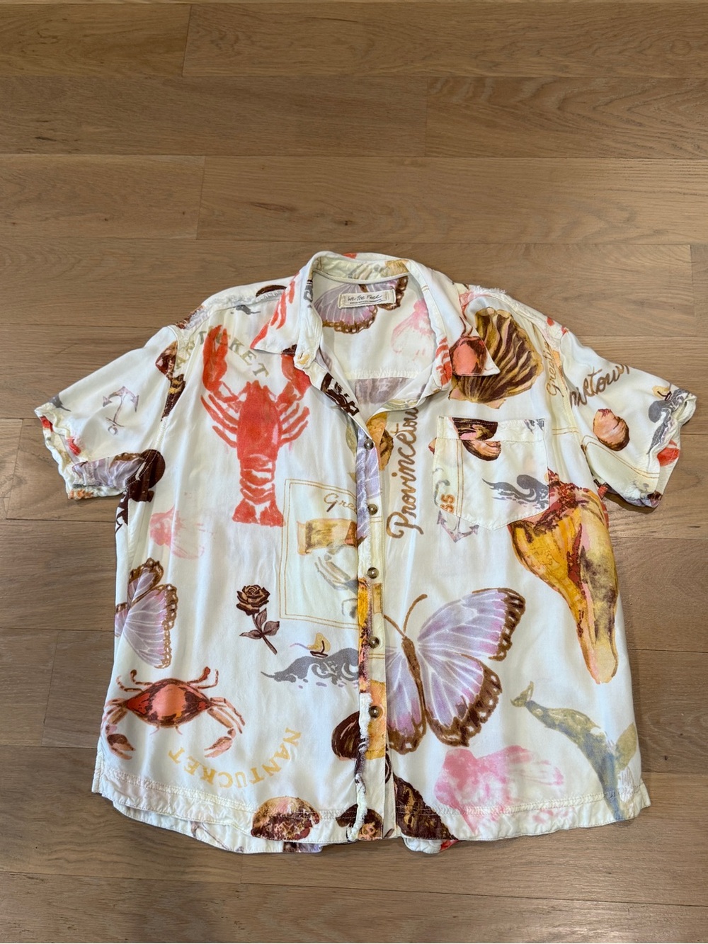 We The Free White Button-Front Shirt with Coral, Brown and Pastel Prints